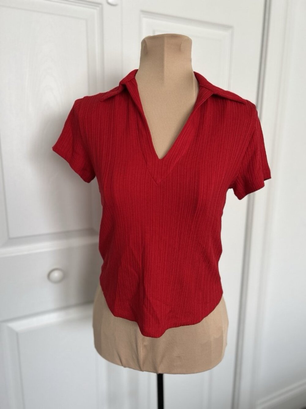 Madewell Ribbed V Neck Collared Polo Tee Top Stretch Lyocell Red Size XXS